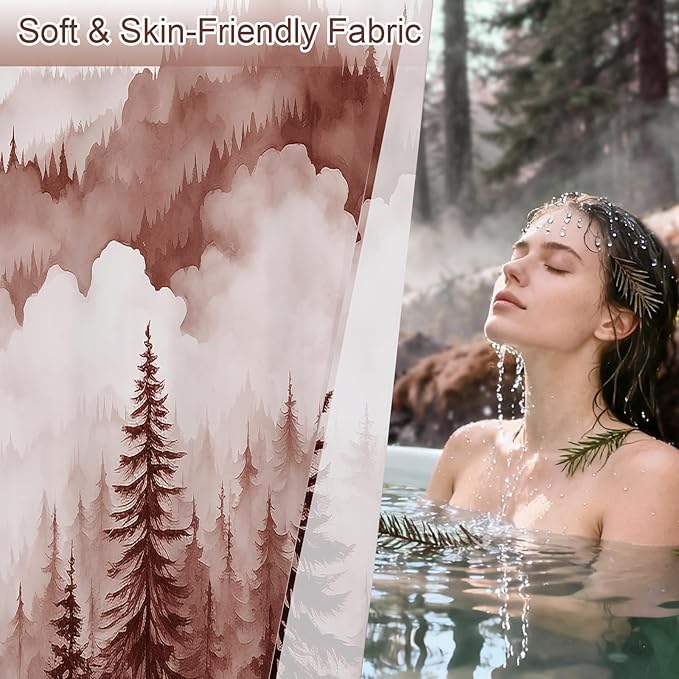 Litabel Burgundy Long Misty Pine Forest Shower Curtain 72 x 78, Mountain Foggy Woodland Scenery Tree 78 Inch Long Shower Curtains for Bathroom, Abstract Waterproof Nature-Themed Decor