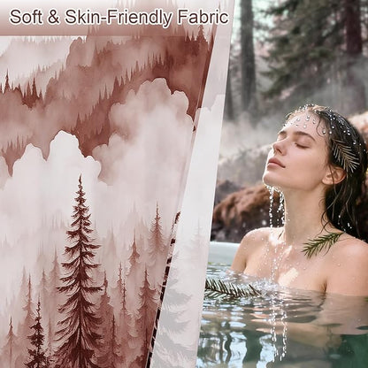 Litabel Burgundy Long Misty Pine Forest Shower Curtain 72 x 78, Mountain Foggy Woodland Scenery Tree 78 Inch Long Shower Curtains for Bathroom, Abstract Waterproof Nature-Themed Decor
