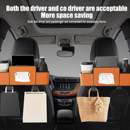 Car Back Seat Organizer with Hooks & Tissue Dispenser – Faux Leather Storage Box with Cup Holders, Multi-Compartment for Sunglasses & Chargers, Compatible with Most Seat Beige 1pc