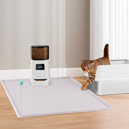 Bartuke Large Cat Litter Mat with Toy Ball, 38'' x 25'' Silicone Cat Litter Trapping Mat for Scatter Control, Soft on Kitty Paws, Easy to Clean (White)