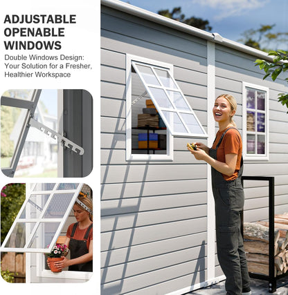 CDCASA 4x8 FT Resin Lean to Shed, Waterproof Outdoor Storage Shed with Floor and Adjustable Openable Windows,Outside Plastic Tool Shed for Backyard Garden Patio Lawn