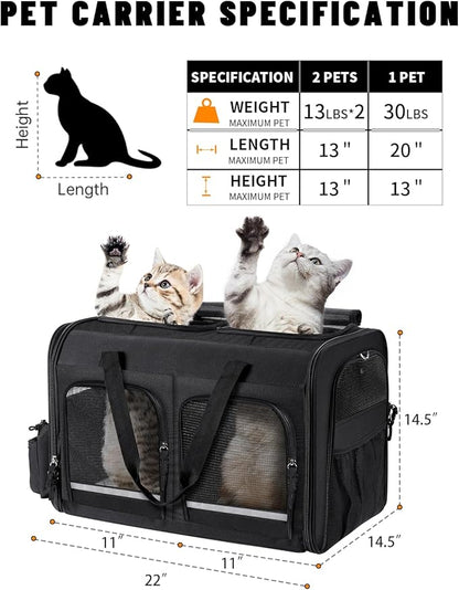 Groxkox Cat Carrier for 2 Cats, Foldable Double Cat and Dog Carrier, Small to Medium Size, 2 Front Zippered Compartments,Two Pets Carrier for Outdoor Travel,Mulitple Cat Carrier (Black)