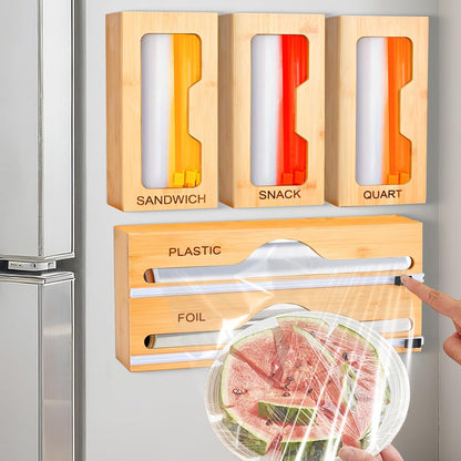 Magnetic Ziplock Bag Organizer for Refrigerator or Drawer, Bamboo Foil and Plastic Wrap Organizer with Cutter, Kitchen Food Storage Bag Holder for Gallon, Quart, Snack, Sandwich, Size Baggie