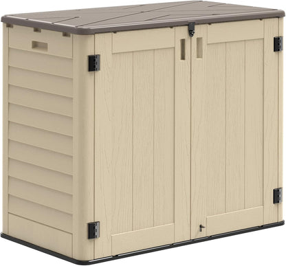 30 Cu.Ft Outdoor Storage Shed, Multi-Purpose Weather-Resistant Utility Shed for Garbage Cans, Lawn Mower, Garden Tools, Waterproof Resin Horizontal Cabinet with Pad-Lockable Doors (Khaki)