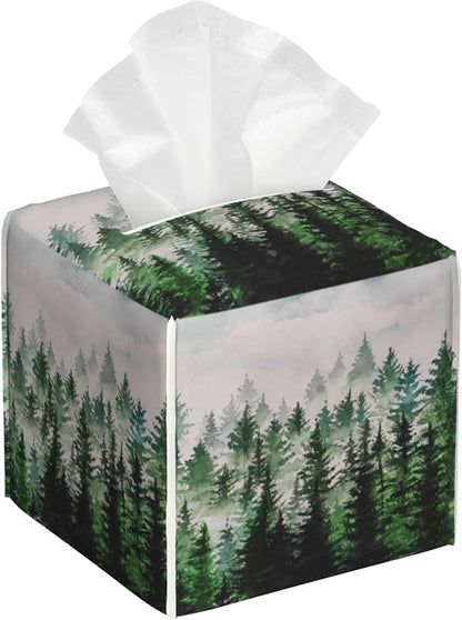 Watercolor Leather Tissue Box Holder Foggy Forest Tissue Box Cover Facial Paper Case Organizer Cube Napkin Dispenser for Bathroom Vanity Countertop Night Stand Office Car