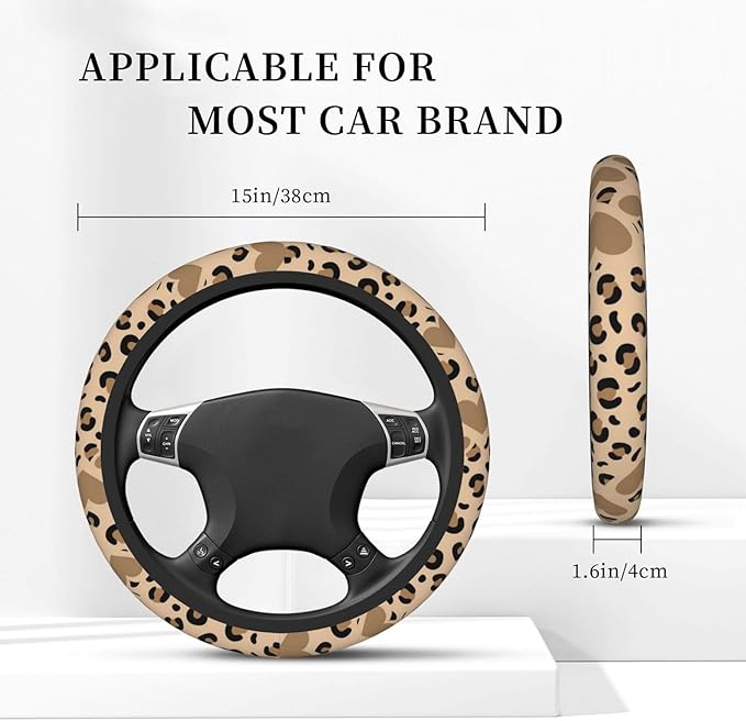 Car Steering Wheel Cover with Anti-Slip Lining, Universal 15 inch Wheel Cover, Fashion Car Interior Accessories for Women Men - Brown Heart Leopard Cheetah