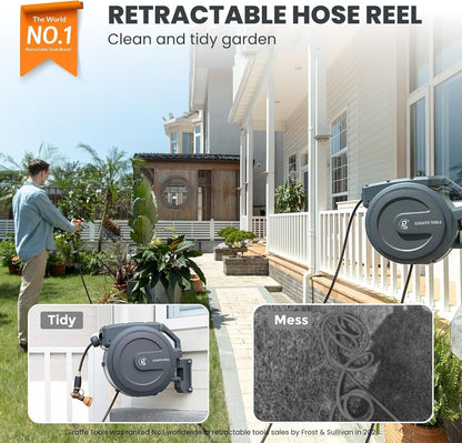 Giraffe Tools Retractable Garden Hose Reel 5/8 inch x 90 ft Hose Reels for Outside, Wall Mounted Water Hose Reel with 180 Deg Swivel Bracket, Any Length Lock, 9 Pattern Hose Nozzle