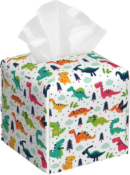 POIUBLE Leather Tissue Box Holder Cartoon Dinosaur Tissue Box Cover Square Waterproof Tissue Holder Organizer Modern Napkin Holder for Bedroom Dresser Night Stand Office Desk