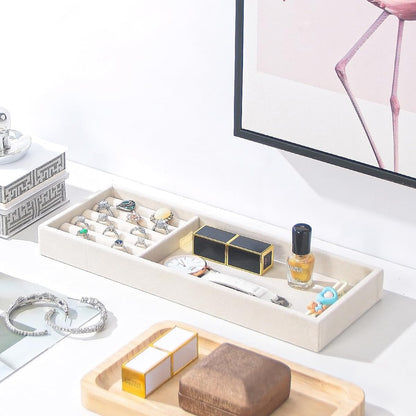 Divided Drawer Organizer Tray, Velvet Jewelry Storage Tray, Necklace Bracelet Ring Earring Display Tray,Bedside Nightstand Desk Holder Tray for Phone Watch Sunglasses Cosmetics Storage/Beige/2grid