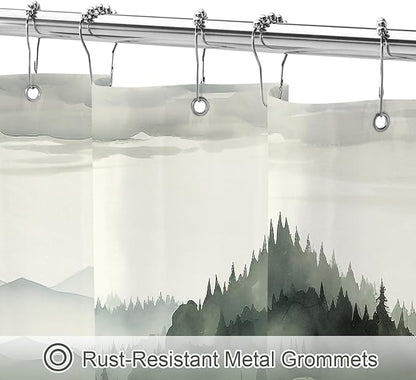 Litabel Dark Green Extra Long Misty Pine Forest Shower Curtain 72 x 84, XL Mountain Foggy Woodland Scenery Tree Shower Curtains for Bathroom, Abstract Waterproof Nature-Themed Decor
