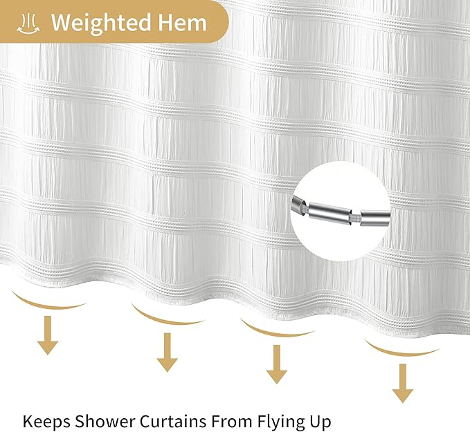 Lameirose Extra Long White Shower Curtain Farmhouse,72 x 84 Cotton Blend Waffle Tufted Striped Chic Textured Fabric Shower Curtain for Bathroom, Hotel, Washable