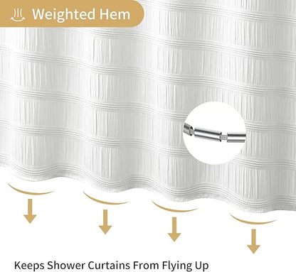 Lameirose Extra Long White Shower Curtain Farmhouse,72 x 84 Cotton Blend Waffle Tufted Striped Chic Textured Fabric Shower Curtain for Bathroom, Hotel, Washable