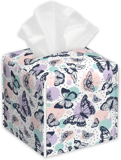 Tropical Butterflies Tissue Box Holder,Colorful Splash Dots Cube Tissue Box Cover Holder,Leather Facial Paper Organizer Dispenser Home for Bedroom Night Stands,Kitchen,Office and Car,5.2"×5.2"×5.2"