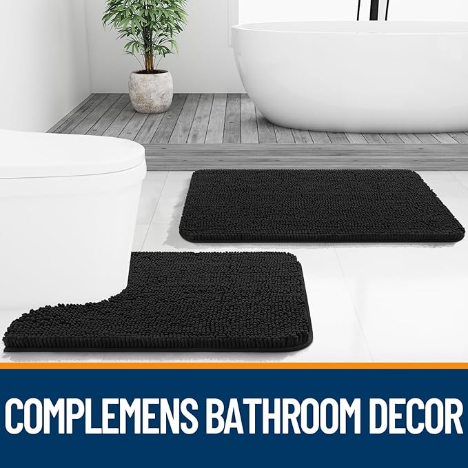 OLANLY Bathroom Rugs 70x24, Extra Soft Absorbent Chenille Bath Rugs, Rubber Backing Quick Dry, Machine Washable Bath Mats for Bathroom Floor, Tub and Shower, Home Decor Accessories, Black