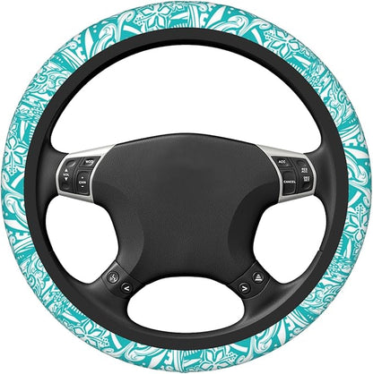 Hawaiian Teal Tribal Turtles Car Steering Wheel Cover for Women Men Stretch Cloth Anti-Slip Wrap Protector Case Fit Universal Auto Accessories Decor Sweat Absorption 14-15 Inch