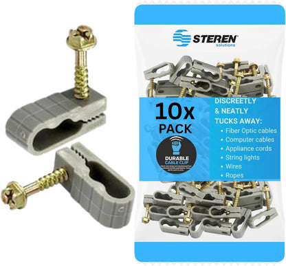 STEREN Coaxial Cable Clips - Cable Holder - Wire Clips - Siding Clips for Hanging - Cord Holder for Desk - Cable Clamps - Cord Clip - Wire Organizer Clips - Tv Mount Screws - Gray - 10 Pack