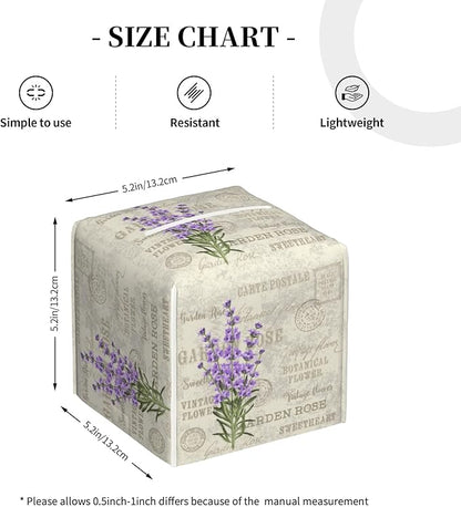 POIUBLE Leather Tissue Box Holder Lavender Flowers Tissue Box Cover Square Waterproof Tissue Holder Organizer Modern Napkin Holder for Bedroom Dresser Night Stand Office Desk