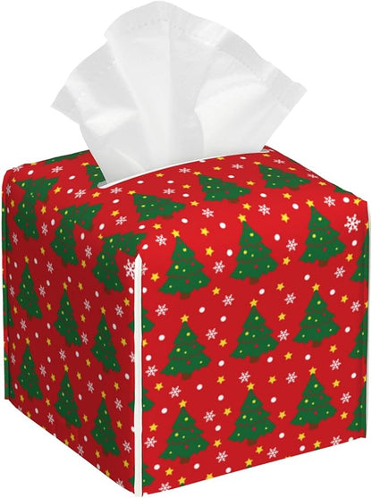Christmas Tree and Snowflakes Tissue Box Cover Square,Red Green Christmas Pine Tree Tissue Box Holder Waterproof Leather Facial Paper Organizer Dispenser for Bathroom Home Car Nightstand Vanity Desk