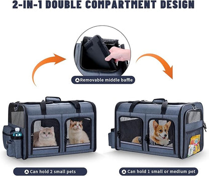 Groxkox Cat Carrier for 2 Cats, Foldable Double Cat and Dog Carrier, Small to Medium Size, 2 Front Zippered Compartments,Two Pets Carrier for Outdoor Travel,Mulitple Cat Carrier, Grey