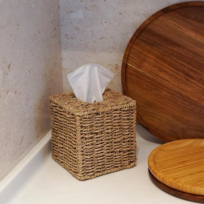 PINXIURY Seagrass Handwoven Wicker Tissue Box Cover, Natural Handmade Napkin Box Holder, Handcrafted Square Facial Tissue Holder for Bathroom, Rustic Decorative on Table and Bathroom,Boho Decorative