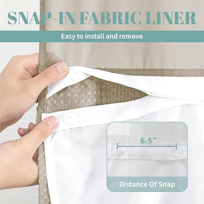 eachope Khaki No Hook Waffle Weave Shower Curtain with snap-in Liner Replacement, 230GSM Waterproof Fabric Hotel Shower Curtain Set for Bathroom, Through Mesh Top Window,71Wx86H