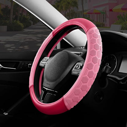 PIC AUTO Massage Steering Wheel Cover, Pink Football Pattern Material Spliced & Hotpink Leather Car Steering Wheel Cover, Car Steering Cover, Universal Fit 14.5"-15.5" for Cars, Trucks, Van, SUVs