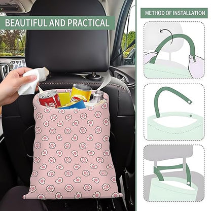 Cute Car Trash Can, Hanging Canvas Car Back Seat Organizer and Storage Bag, Funny Car Trash Bag For Travelling, Outdoor Cute Pink Heart Paw