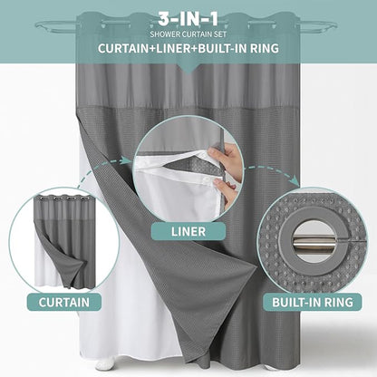 eachope Grey No Hook Waffle Weave Shower Curtain with snap-in Liner Replacement, 230GSM Waterproof Fabric Hotel Shower Curtain Set for Bathroom, Through Mesh Top Window,71Wx82H