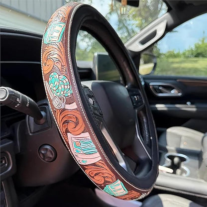 Western Steering Wheel Cover, Color Printed Embossed Hand-Painted Leather Western car Parts, for Women Man, Anti-Slip Design Easy to Install, for Trucks SUVs Cars (Style 6)