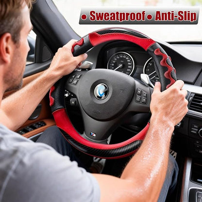 Sport Grip Car Steering Wheel Cover for Men Women, Non-Slip Breathable Carbon Fiber PU Leather Steering Wheel Protector 14.5~15 inch, Rubber Inner