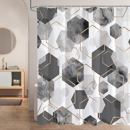 Litabel Modern Extra Long Shower Curtain for Bathroom, Grey Geometric Art Decor Waterproof Bath Curtain, Abstract Fabric Shower Curtain Sets for Home Decor, 72x84 Inch