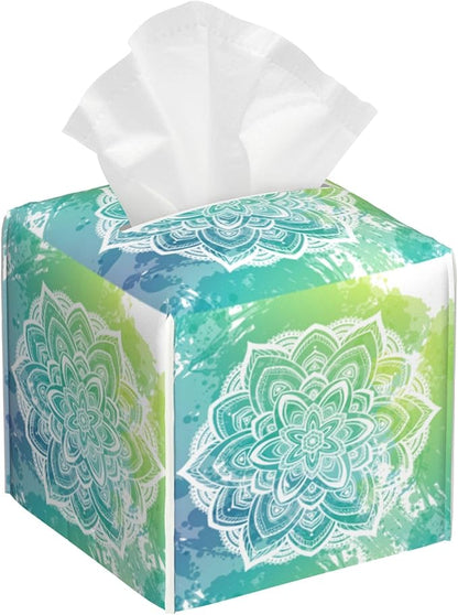 Green Boho Mandala Flower Tissue Box Cover Square, Abstract Mandala Floral Tissue Box Holder Waterproof Leather Facial Paper Organizer Dispenser for Bathroom Home Car Nightstand Vanity Desk
