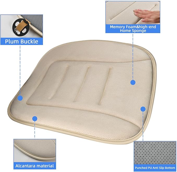 KAYI Car Seat Cushion, Memory Foam Car Seat Cushion, Anti Slip Rubber Bottom Car Seat Cushions for Driving, Suitable for Car and Office Chairs (Cream)