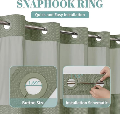 eachope SageGreen Extra Long No Hook Waffle Weave Shower Curtain with snap-in Liner Replacement, 230GSM Waterproof Fabric Hotel Shower Curtain Set for Bathroom, Through Mesh Top Window,71Wx86H