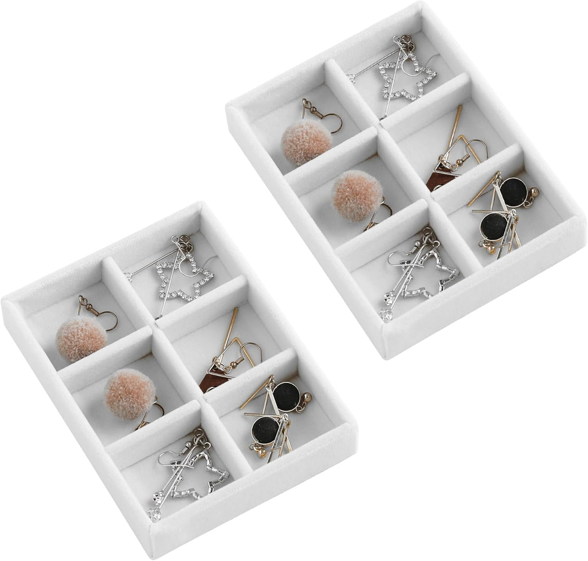 Frebeauty Small Jewelry Tray Set,Stackable Velvet Jewelry Organizer Tray,Mini Jewelry Drawer Organizer,Drawer Inserts,4.92 x 3.74 x 0.9 Inches,6 Grid Earring Organizer for Women(Set 2,White)