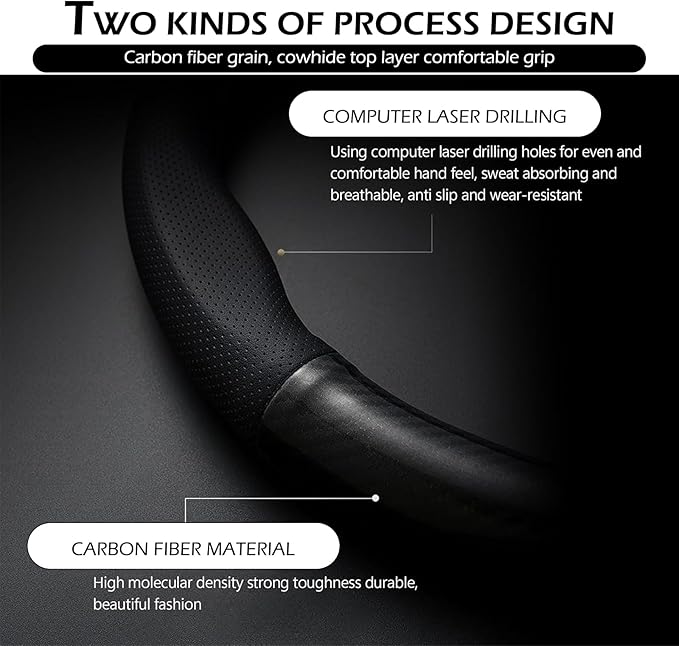 Car Carbon Fiber Steering Wheel Cover, D-shape Anti-slip Breathable Steering Wheel Protector, Four-season Interior Accessory, Universal for Most Cars (Black #D-shape)