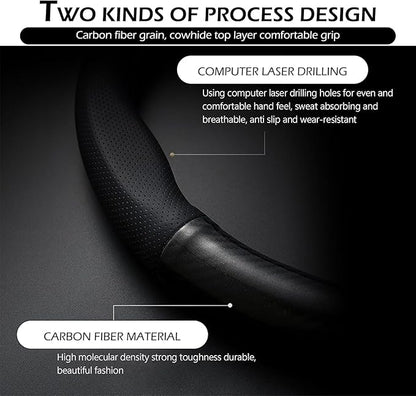 Car Carbon Fiber Steering Wheel Cover, D-shape Anti-slip Breathable Steering Wheel Protector, Four-season Interior Accessory, Universal for Most Cars (Black #D-shape)