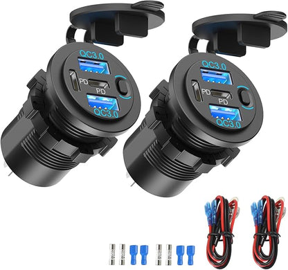 2 Pack Dual PD 30W USB C Port and Dual Quick Charge 3.0 Port 12V USB Outlet with Power Switch, 78W Multiport Car Charger Socket Waterproof DIY Accessories for Car Boat Marine Motorcycle RV ATV