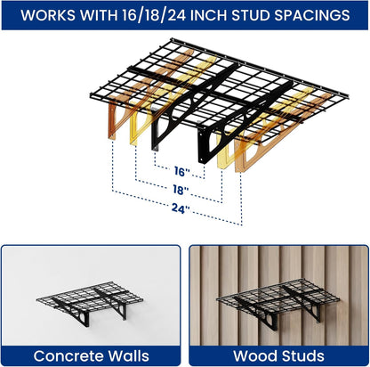 FLEXIMOUNTS 2-Pack 2x6ft Garage Shelving with Hooks, 24-inch-by-72-inch Wall Shelf Garage Storage Racks Floating Shelves, Black