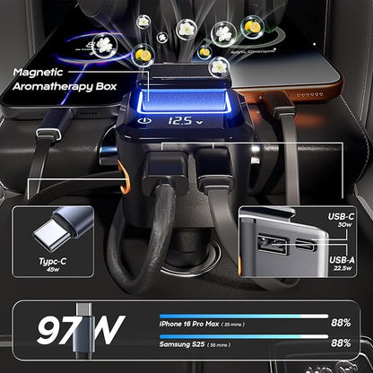 BS-01C 45W Car Charger with Retractable Type-C Cable, 30W USB C & 22.5W USB A Ports, 3-Port Super Fast Charging, Built-in Fragrance Diffuser & Safety Chip (Shop can Purchase Scent Refills)
