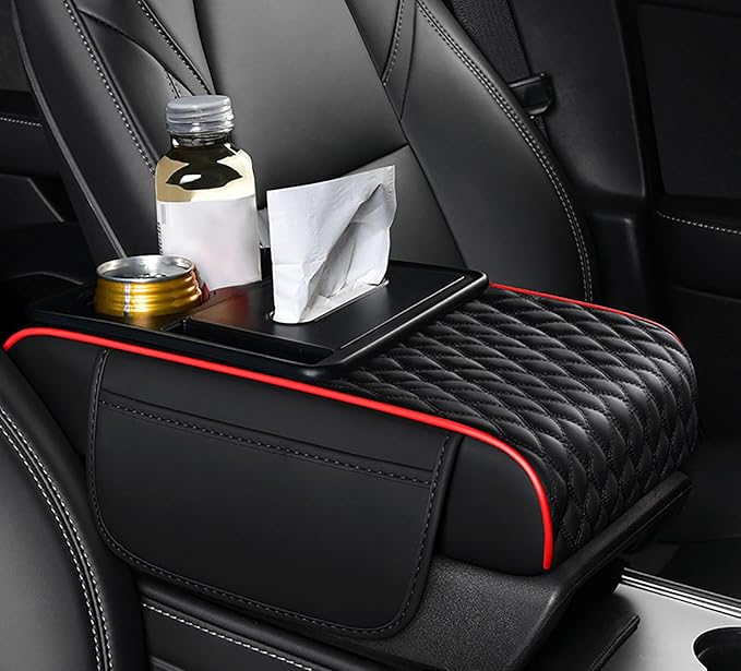 Car Armrest Center Console Cover for Suzuki Grand Vitara (JT) 3.Gen (4door) 2005-2017, Center Console Pad with Cup Holder, Multifunctional Armrest Cushion,A Black+Red
