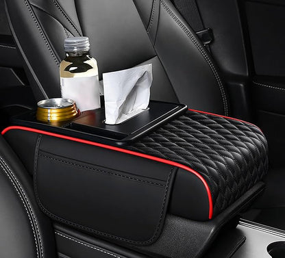 Car Armrest Center Console Cover for Cadillac Escalade 1999–2025, Center Console Pad with Cup Holder, Multifunctional Armrest Cushion,A Black+Red