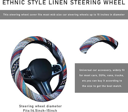 Boho Steering Wheel Cover, 15.0"×15.0" Anti-Slip Baja Blanket Ethnic Steering Wheel Protector, Breathable Flax Cloth Elastic Bohemian Steering Wheel Cover, Car Accessories (Style D)