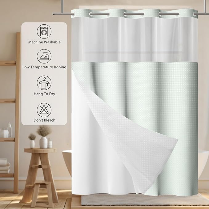 GICDSU No Hook Shower Curtain with Snap in Liner, Waffle Shower Curtain Set for Bathroom, Hotel Style with Semi-Sheer Top Window, Waterproof & Washable, Sage Green, 71" W x 86" L