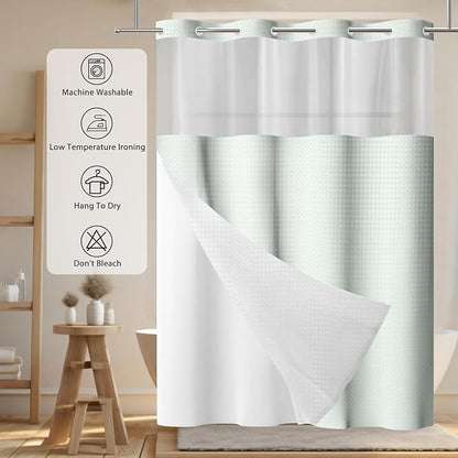 GICDSU No Hook Shower Curtain with Snap in Liner, Waffle Shower Curtain Set for Bathroom, Hotel Style with Semi-Sheer Top Window, Waterproof & Washable, Sage Green, 71" W x 86" L