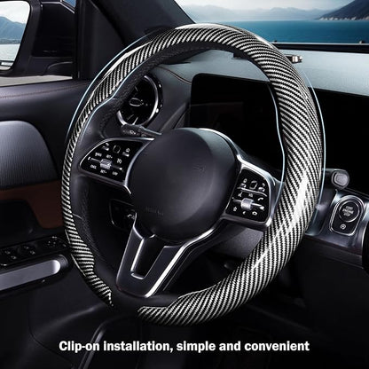 Car Steering Wheel Cover Carbon Fiber Snap On Steering Wheel Accessories Wrap 14.5-15 inch Universal Grip Anti-Skid Protector, Glossy Silver