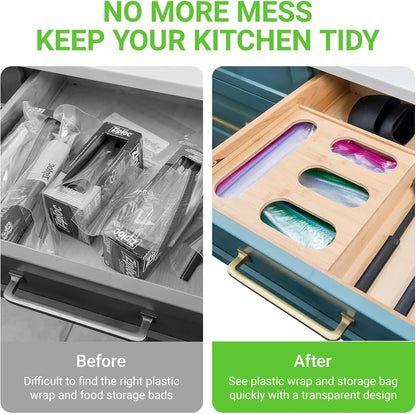 Baggie Organizer for Drawer, Wooden 4 Slot Zip Lock Storage Bag Organizer Holder - Wall Mounted Kitchen Food Baggie Dispenser Compatible with Sandwich Snack Gallon Quart Tea Slider Bags