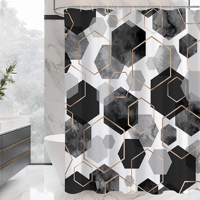Litabel Modern Long Shower Curtain for Bathroom, Black Geometric Art Decor Waterproof Bath Curtain, Abstract Fabric Shower Curtain Sets for Home Decor, 72x78 Inch