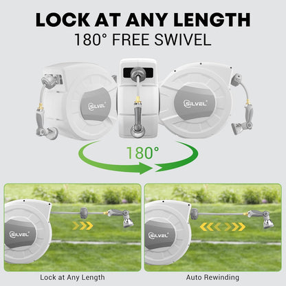 SILVEL 1/2 in x 130 FT Retractable Garden Hose Reel, Upgraded UV Resistant Heavy Duty Automatic Hose Reel Wall Mount with 10 Pattern Nozzle, Any Length Lock & Slow Return System, 180°Swivel Bracket