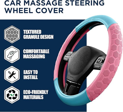 PIC AUTO Massage Steering Wheel Cover, Pink Football Pattern Material Spliced & Light Blue Leather Car Steering Wheel Cover, Car Steering Cover, Universal Fit 14.5"-15.5" for Cars, Trucks, Van, SUVs